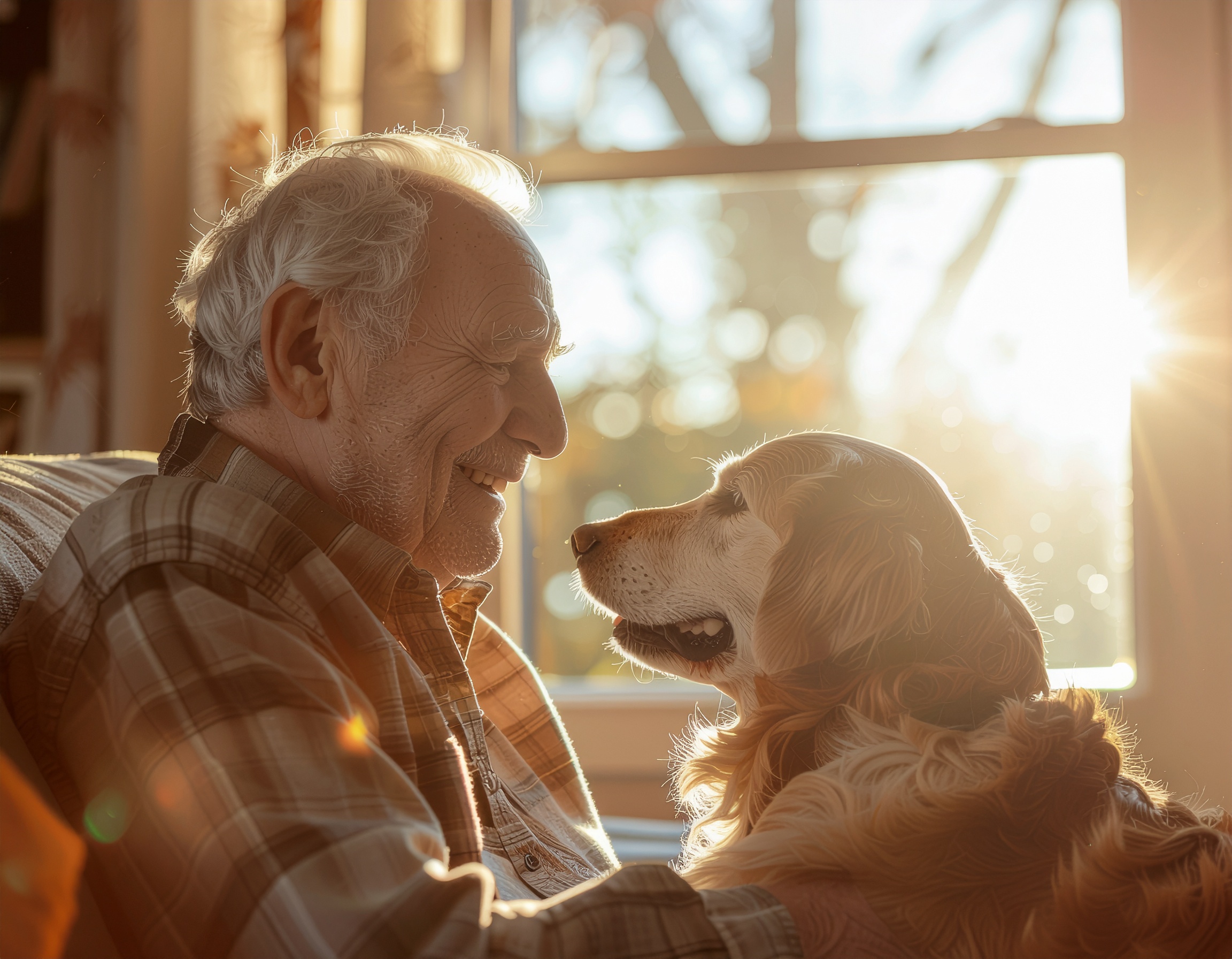 Um senhor idoso sorri afetuosamente para seu cachorro em um ambiente iluminado pelo sol poente. A luz dourada cria um efeito suave e caloroso, destacando os detalhes das rugas e da textura do pelo do cão. A cena transmite tranquilidade e conexão emocional, com a composição centralizada e um fundo desfocado que acentua a proximidade entre os dois.